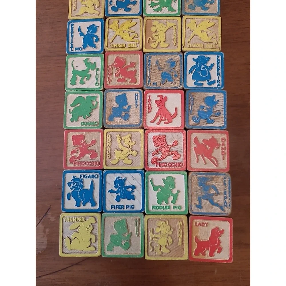 Vintage Walt Disney 34 Wooden Blocks Set Letters‎ Numbers Characters